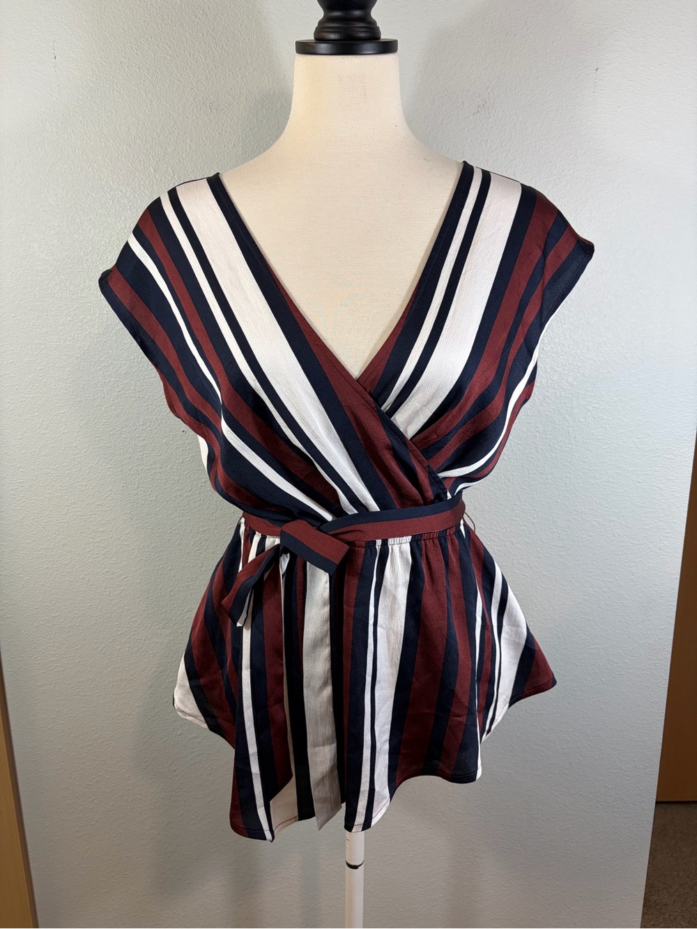 Express Vertical Striped Wrap Blouse w/ Waist Belt